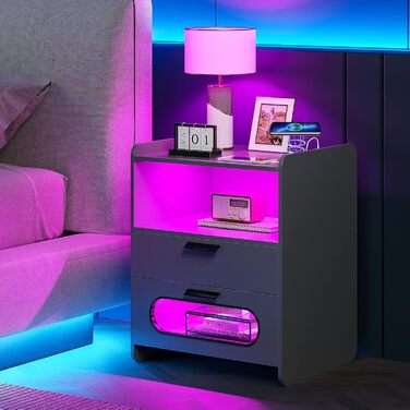 Приліжкова тумбочка Lvifur RGB LED, 2 шухляди, сенсор, 20 кольорів, бездротова та USB-зарядка, глянцевий сірий