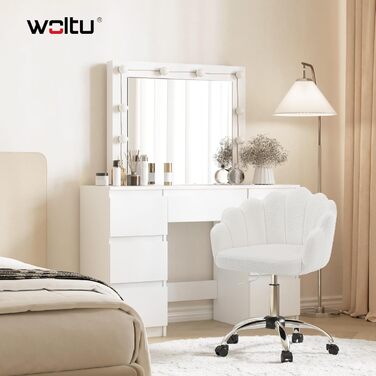 Крісло WOLTU для офісу та дому, крісло до туалетного столика з м'якою спинкою у вигляді пелюсток, поворотне з колесами, регульоване по висоті, для робочого кабінету, спальні, (кремово-білий, кашеміровий матеріал)