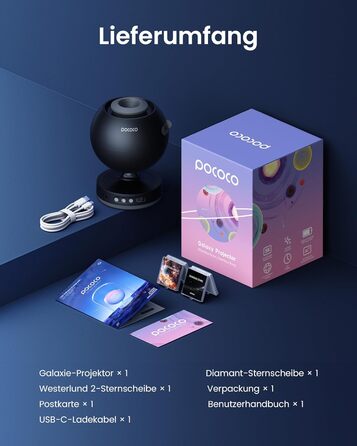 Проєктор зоряного неба POCOCO Sternenhimmel, LED Галактика для дітей та дорослих, Планетарій з 2 дисками, Нічник-Аврора, Таймер, для сну та релаксації (Чорний)