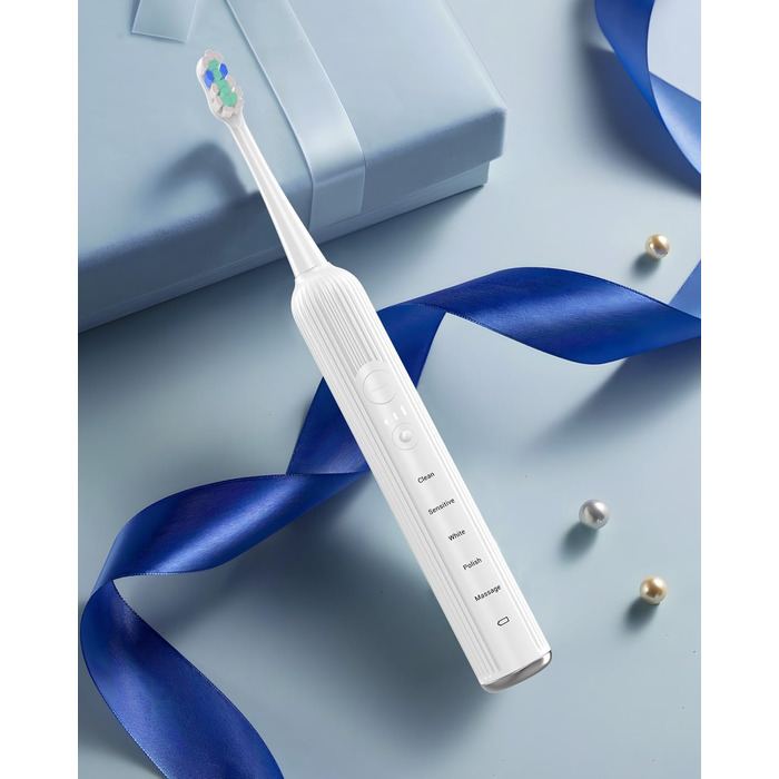 Електрична звукова зубна щітка для дорослих та дітей, 5 режимів чищення, 3 рівні інтенсивності, таймер, 8 насадок, кейс для подорожей, біла (1 шт.)