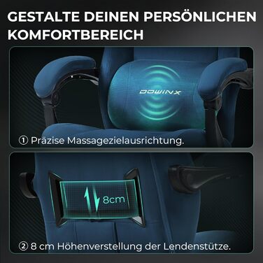 Ігровий крісло Dowinx з масажем попереку, регульованою підголівником, потовщеним сидінням, висувною підніжкою, регульованими підлокітниками, мікрофіброю велюром, нахилом 160°, блакитний колір