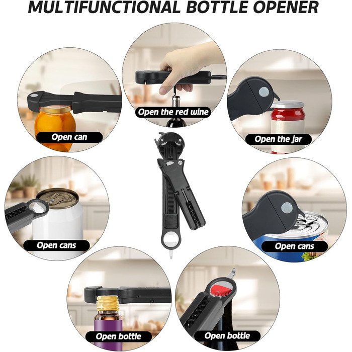 Набір 7-в-1: відкривачка для пляшок, вина та банок для людей похилого віку з артритом, мультифункціональний магнітний відкривач кришок (білий, чорний)