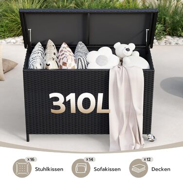 Водонепроникний садовий ящик Amopatio Gartenbox 480л з поліротангу, металевий ящик для подушок на колесах з газліфтом для саду та балкону (чорний)