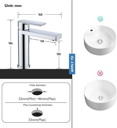 Змішувач для умивальника Decaura, хром, нержавіюча сталь, однорідний, висота виливу 250 мм, для накладних умивальників