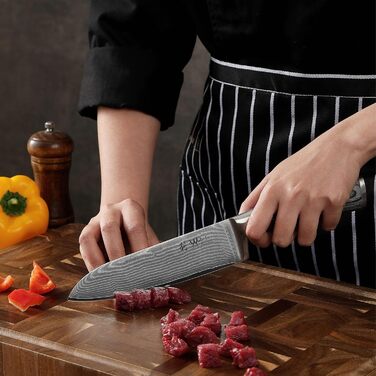 Набір кухонних ножів Wakoli Edis Damast: Сантоку великий та малий, ніж для овочів, універсальний ніж з 67 шарів дамаської сталі (серцевина VG10), ручка з паккавуда, в дерев'яній коробці