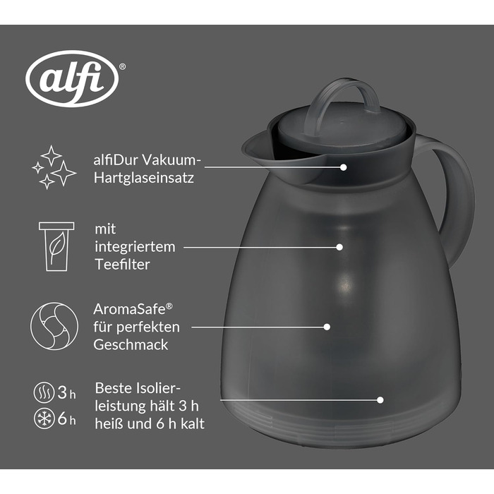 Термос Alfi DAN 1.0 л, пудрово-рожевий, з термоізоляційного пластику з вставкою з термостійкого скла, з кришкою-поворотом, дизайнерська модель, ідеально підходить для кави та чаю, BPA-free (з фільтром для чаю, Smoke)