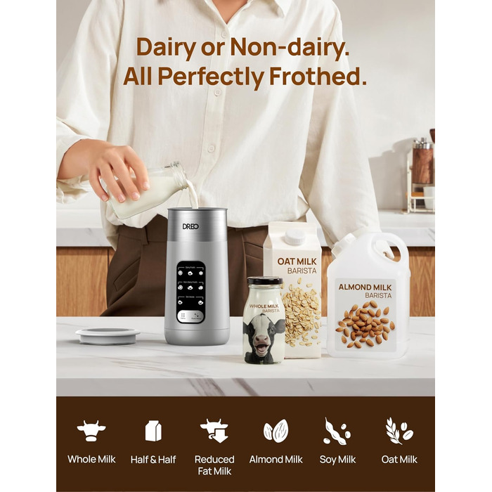 Електричний спінювач молока Dreo 8-в-1 для лате-арт, 270 мл, з підігрівом, LED, сріблястий