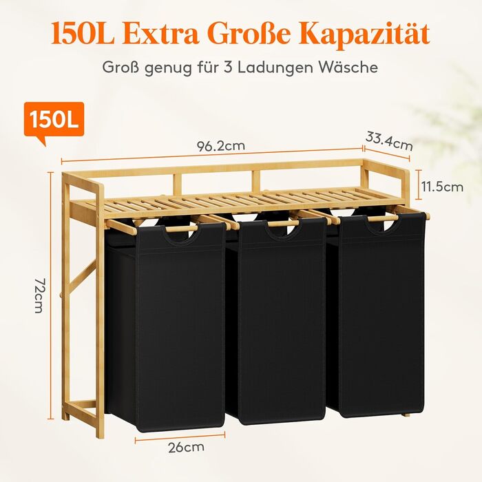 Кошик для білизни Lifewit з бамбуковим каркасом, 150л, 3 відділення, білий/чорний