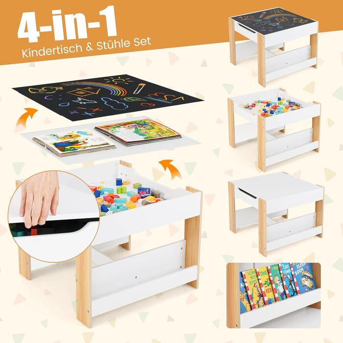 Дерев'яний дитячий стіл 4 в 1 DREAMADE з 2 стільцями, дошками та полицями, комплект меблів для дітей