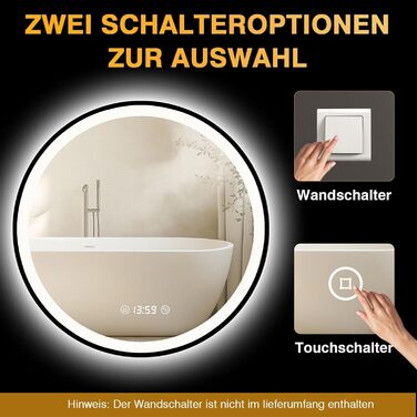 Дзеркало кругле PESENXAN 70см з чорною рамою та підсвічуванням. Антизапарник, диммер, 3 кольори світла, LED, енергозбереження, сенсорна кнопка, функція пам'яті. 60x60 см