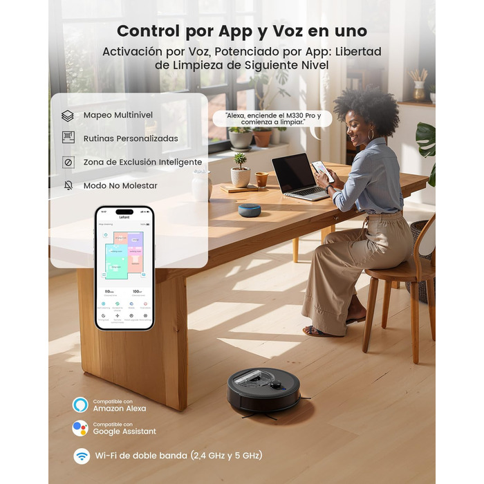 Робот-пилосос LEFANT M330 Pro з функцією миття, 5000Pa, лазерна навігація, LiDAR, 150 хв, розпізнавання килима, керування через додаток/голос, для видалення шерсті тварин, чорний