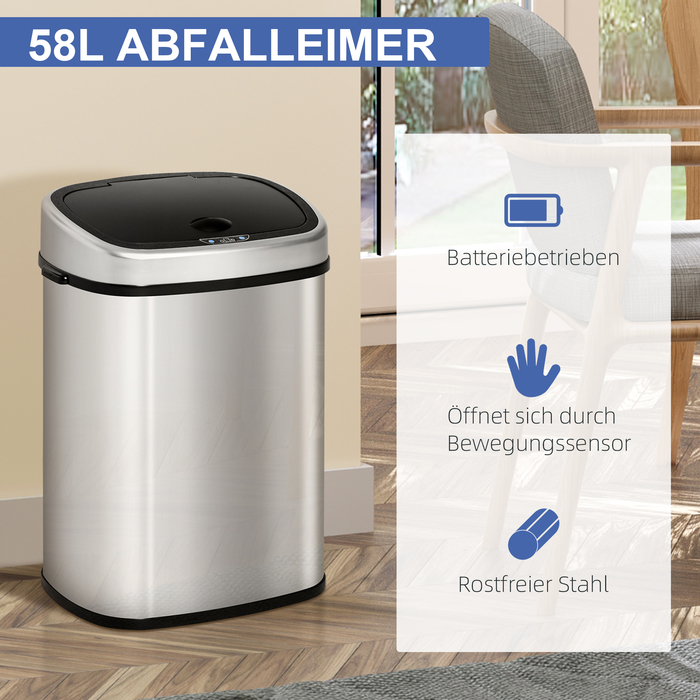 Автоматичний відро для сміття HOMCOM 58 л з інфрачервоним датчиком, гігієнічний, великий, нержавіюча сталь срібло, L40.9xW28.9xH68 см