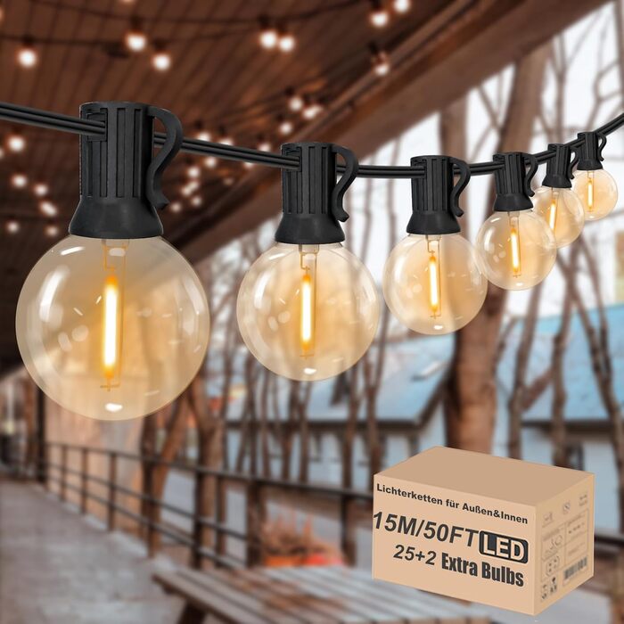 LED гірлянда на 15 метрів, тепле біле світло 2700K, 25+2 лампочки G40 E12, димер, для зовнішнього використання, сад, вечірка, тераса