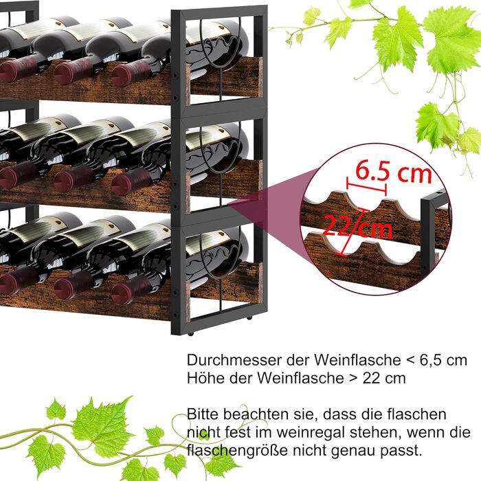 Стелаж для вина на 12 пляшок, 3 яруси, підставка для вина, органайзер для пляшок, античний коричневий
