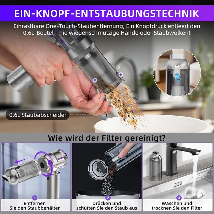 Акумуляторний ручний пилосмок 25000Па з безщітковим двигуном, 4-в-1, самоочищення, 3 режими потужності, для авто, дому та шерсті тварин, сріблясто-фіолетовий