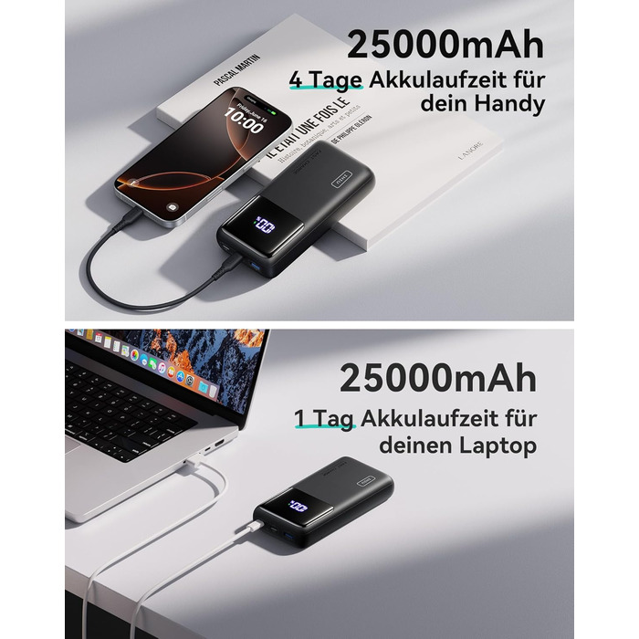 Портативний зарядний акумулятор INIU, 100W, 25000mAh, USB-C, для ноутбуків, телефонів, iPad, DJI, камер, iPhone, MacBook, Surface, Fire TV Stick, 25000 мАг, чорний