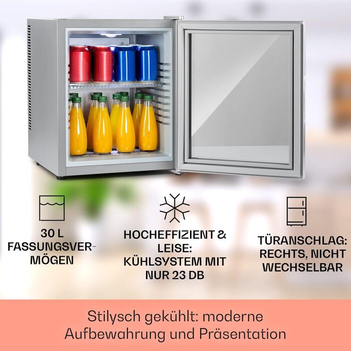 Міні-холодильник Klarstein 32 л, скляні дверцята, тихий, регульовані полиці, для напоїв, закусок і косметики