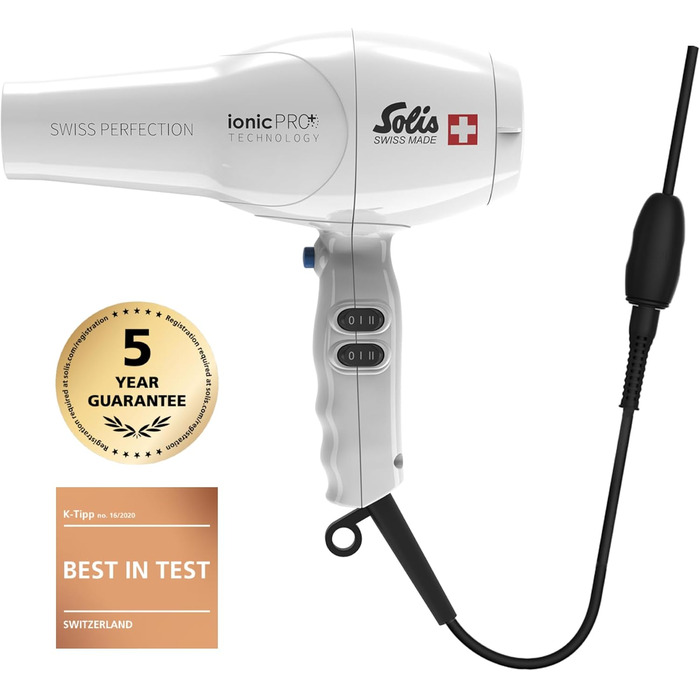 Фен Solis Swiss Perfection 360º ionicPRO 440: іонний, поворотний кабель, стилізуюча насадка, білий
