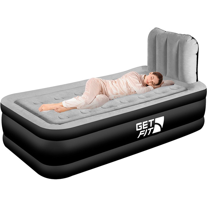 Надувне ліжко Get Fit з вбудованим електричним насосом - 99x196 см Premium Single Air Bed - Надувне ліжко з узголів'ям і безкоштовною надувною подушкою - Підняте надувне для кемпінгу односпальне - 99x196 см Чорний/Сірий