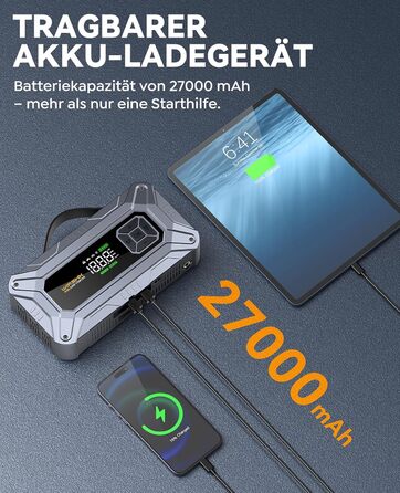 Портативний пусковий пристрій 8000A з повітряним компресором 160 PSI для бензинових та дизельних двигунів (до 10л), з дисплеєм та аварійною світлодіодною лампою