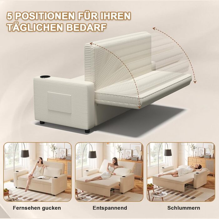 Диван-ліжко JUMMICO 2-місний бежевий з функцією розкладання, подушками та підсклянниками для вітальні/спальні 75x160x93 см