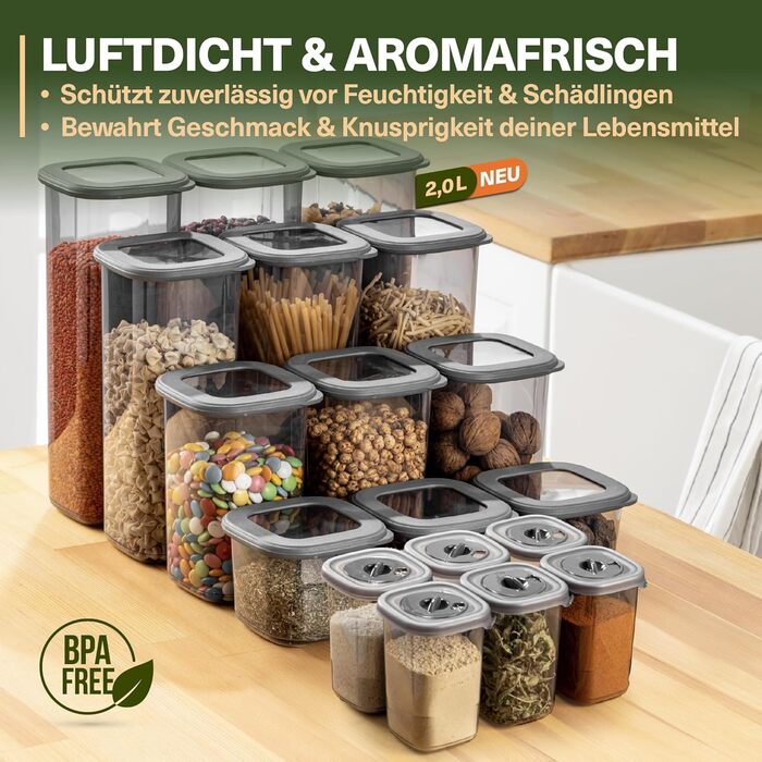 Набір контейнерів для зберігання їжі 18 шт. – з контейнером для спагеті 2,0л, 6 баночок для спецій з дозатором, кришками, що щільно закриваються, BPA-free, з 52 етикетками (12 шт.) + 6 дозаторів для спецій