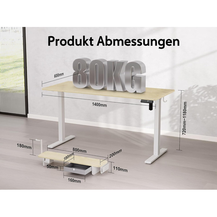 Регульований стіл WALKINGDESK для дому та офісу: електричний, з ящиками, полицями та гачками (140x60 см, дуб)
