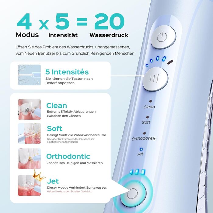 COSLUS Душова насадка електрична бездротова, Testsieger 2026: 20 рівнів тиску води, IPX7 водонепроникність, точна технологія Anti-Splash, 4 режими для здоров'я ротової порожнини, для щоденного використання та подорожей, 5 інтенсивностей (блакитний)