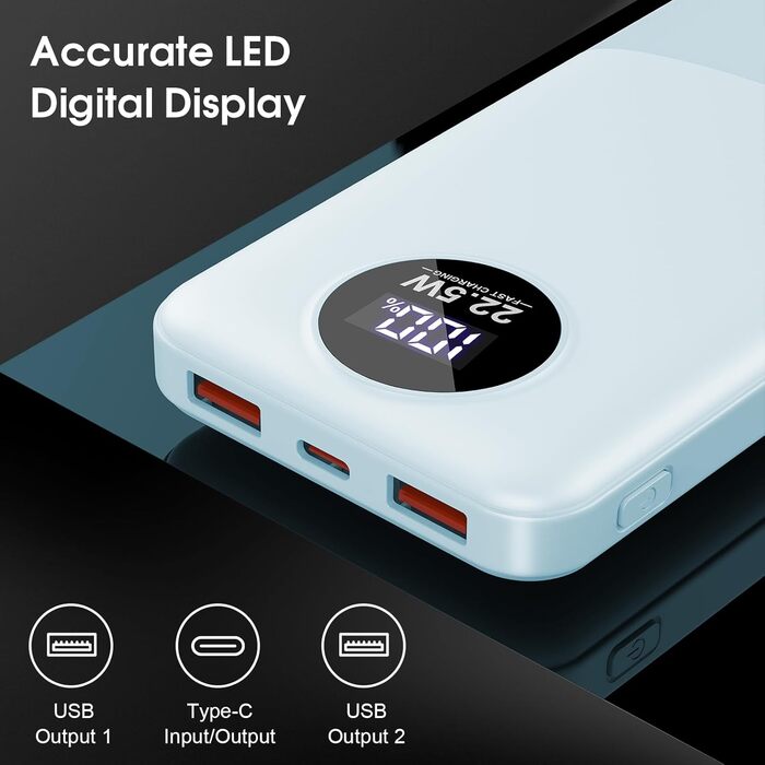 Порти, LED, для iOS/Android, синій, 10000mAh, 22.5W PD QC 3.0, USB C, 3