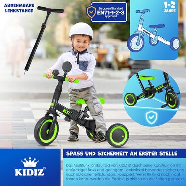 Біговел-триколіс KIDIZ 6-в-1 для дітей від 1 до 5 років (до 25 кг), чорний: з ручкою, захисним бампером, ременем безпеки, дзвінком та дзеркалом