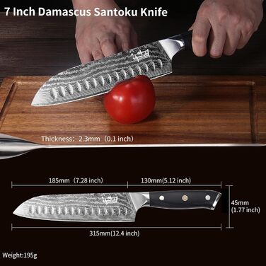 Дамаскенський сантоку 18 см - професійний ніж для кухні з дерев'яною ручкою, високовуглецева сталь, VG10, нержавіюча сталь