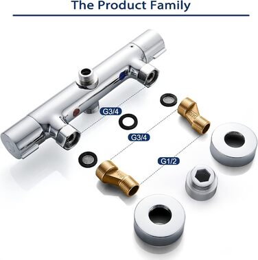 Змішувач для ванни з термостатом, накладний, хром, латунь, з кнопкою безпеки 38°C, для ванни, водопровідний кран, термостат для душу (2 отвори)