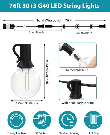 Світлодіодна гірлянда для вулиці 23м (30+3 лампочки) - регульоване світло, тепле біле освітлення, для тераси, саду, вечірки. Без пульта.