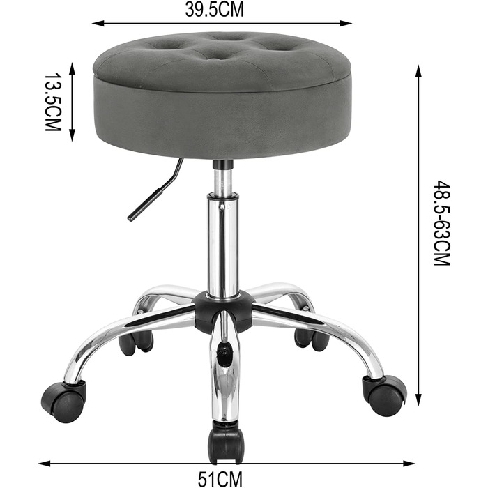 Офісне крісло WOLTU з регульованою висотою, робочий стілець з 5 коліщатками, стілець з місцем для зберігання, оксамитове і металеве крісло для сидіння, що стоїть стілець в спальні офісний, 48,5-63 см, темно-сірий, Вага 128 гр