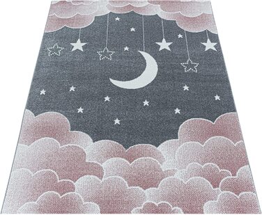 Дитячий килим HomebyHome з коротким ворсом у вигляді зоряного неба, Місяця, хмар, м'який дизайн для дитячої кімнати, Колір рожевий, Розмір (160x230 см, рожевий)