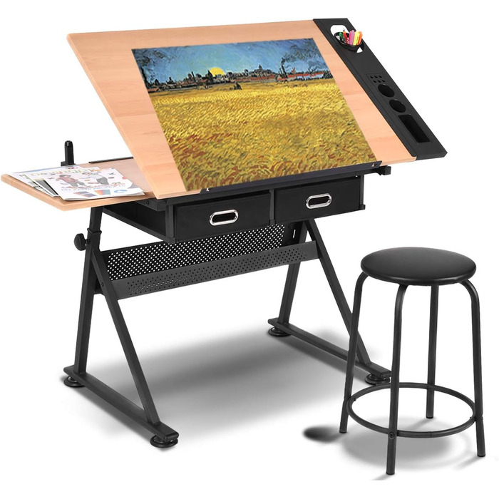 Дерев'яний дитячий стіл DREAMADE з регулюванням висоти та нахилу, з ящиками та табуретом - ідеальний для школи та офісу