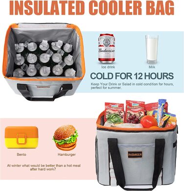 Складна сумка-холодильник INSMEER, сумка-холодильник з м'якою бічною ізоляцією об'ємом 25 л / 32 банки, герметична Портативна сумка-холодильник з плечовим ременем для кемпінгу / активного відпочинку / пікніка (сірий), 2022