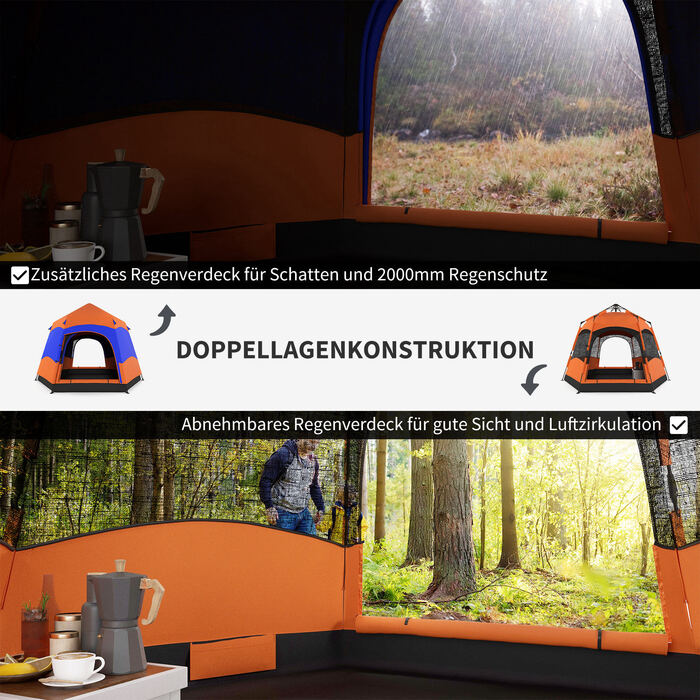 Outsunny Family Tent Quick-Up Tent Двостінний намет на 4-6 осіб, 4 сезони, водонепроникний, з москітною сіткою, 2 двері