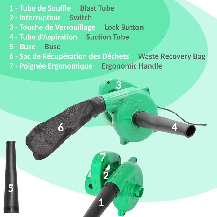 Електричний міні-листозбір Fishtec з функцією пилососа та мішком для збору листя - 500 Вт, 180 см, зелений