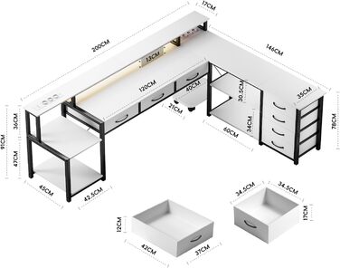 Кутовий стіл з ящиками, геймінговий стіл з розеткою, LED та підставка для монітора, 200 x 146 см, 7 тканинних ящиків, комп'ютерний стіл для офісу, робочого кабінету, спальні (Білий)