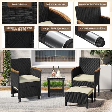 Набір садових меблів Yaheetech з ротангу для балкона та тераси: 2 крісла, 2 пуфи, столик - чорний та бежевий