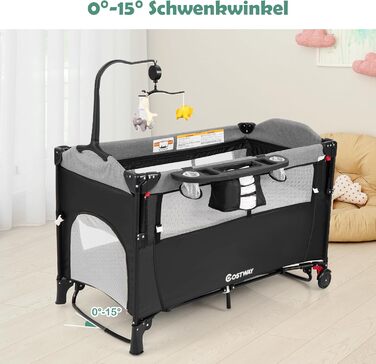 Дитяче ліжко-манеж COSTWAY 120x60 см, 2 рівні, з матрацом, пеленальним столиком, іграшками та музичною шкатулкою, мобільний, регульований, для дітей до 15 кг