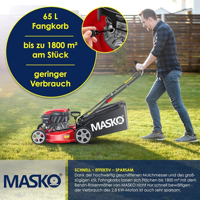 Бензинова газонокосилка MASKO® 5в1 | Ширина косіння 51 см | 8 положень висоти стрижки | 4-тактний OHV двигун 6.0 PS | Об'єм кошика 65 літрів | З набором для мульчування, бічний викид | Червоний / Чорний
