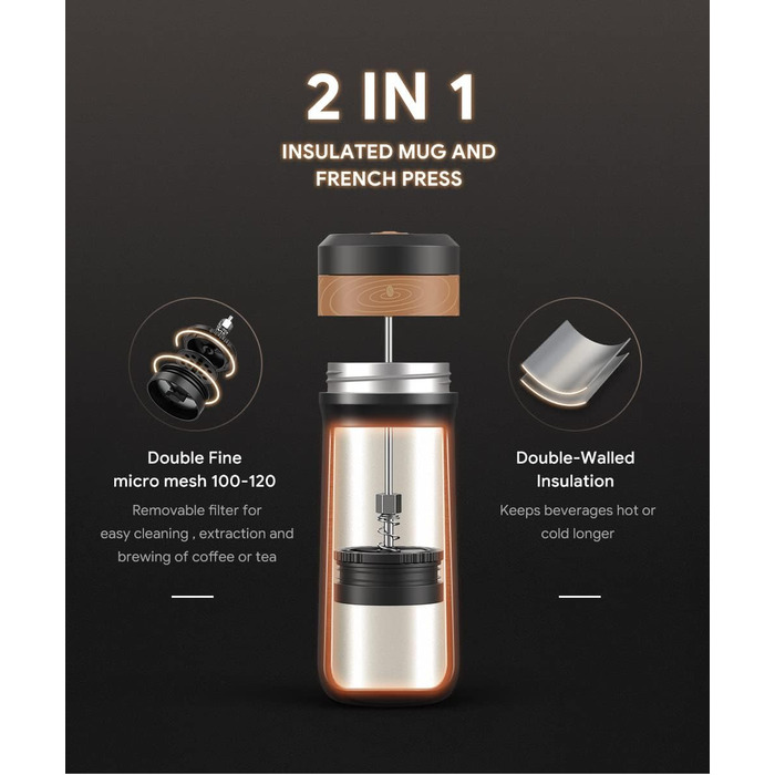 RECAFIMIL Французький прес для кави: портативна модель з нержавіючої сталі, 350 мл, ідеально підходить для кемпінгу та подорожей