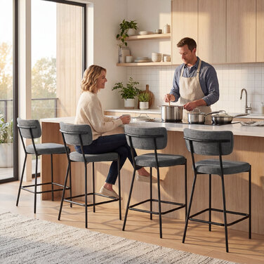 Набір з двох барних стільців, м'які барні стільці з вигнутою спинкою, для кухонного острова, зони сніданків, сірого кольору.