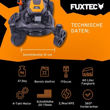 Бензиновий газонокосарка FUXTEC 4в1 FX-RM5196 з Edge-Cut, ширина косіння 51 см, 170 ccm, з приводом на задні колеса, 60л травозбірник