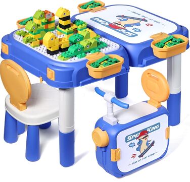 Дитячий стіл Fygurso з кріслом та 90 великих кубиків для конструювання. Трансформується в коробку на колесах. Для дітей від 3 років.