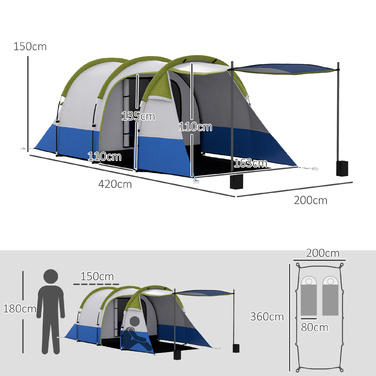 Outsunny Camping Tent, Тунельний намет для 3 осіб, з легким гачком, тент, 2 кімнати, вітрозахисний сімейний намет із сумкою для перенесення, 2000 мм водовідштовхувальний висувний намет для кемпінгу, саду, зелені