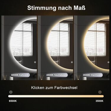 LED дзеркало для ванної кімнати з підсвічуванням Round - регульоване з 3 кольорами світла (3500K-6500K), сенсорне управління, запобігання запотіванню - дзеркало для ванної кімнати з підсвічуванням для макіяжу та гоління (70см фонове освітлення)