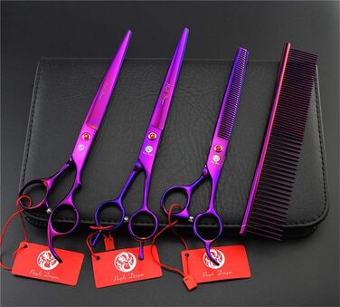 Професійний набір ножиць для стрижки домашніх тварин Purple Dragon, 20,3 см, титанові, різнокольорові, прямі, голчасті і вигнуті ножиці з кишенею для догляду за собаками і кішками (фіолетовий)
